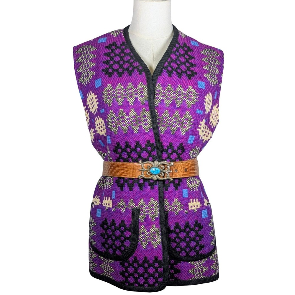 Vintage 1970s Welsh Wool Tapestry Geometric Patterned Purple Pink Vest Waistcoat